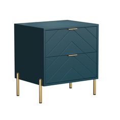 a blue nightstand with two gold legs