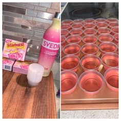 there are many cups on the counter and one is filled with pink liquid next to an empty cup