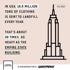 the empire building with text that reads in usa, 10 million tons of clothing is sent to landfill every year