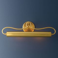 a gold toilet paper holder on a blue wall