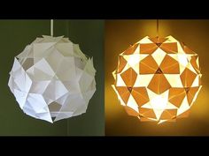 two different types of lamps hanging from the ceiling and one is made out of paper