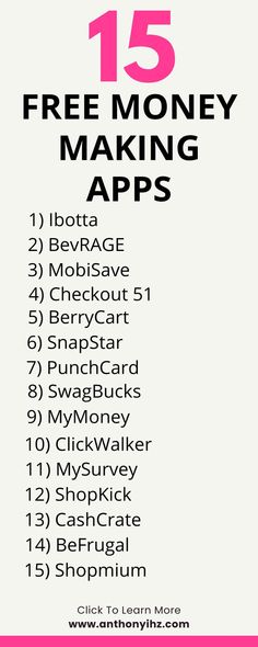 the 15 free money making apps list is shown in pink, black and white text