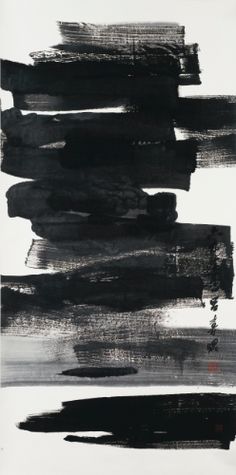 an abstract painting with black and white colors