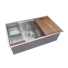 stainless steel kitchen sink with wooden cutting board on the bottom and drainer in center