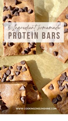 chocolate chip cookie bars with text overlay reading 5 ingredient homemade protein bars