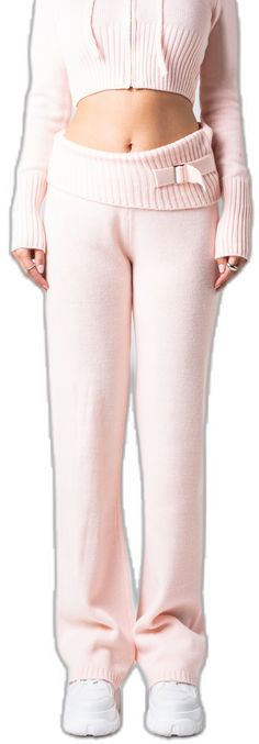 Casual Wide Leg Bottoms With Ribbed Cuffs, Comfortable Pink Fall Bottoms, Comfortable Pink Bottoms For Fall, Trendy Loungewear Bottoms With Ribbed Cuffs, Casual Wide Leg Pants With Ribbed Cuffs, Solid Color Wide Leg Bottoms With Ribbed Cuffs, Trendy Winter Bottoms With Ribbed Cuffs, Chic Solid Color Knit Pants, Chic Loungewear Pants With Ribbed Waistband