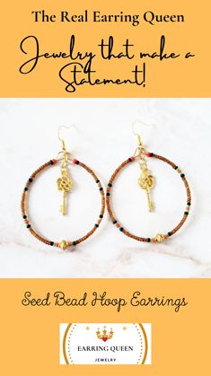 Whether you're dressing up for a special event, date night, or adding a pop of color to your everyday outfit, these earrings are sure to make a statement. Shop now and elevate your style with these beautiful and lightweight hoop earrings. These hoops are approximately 2 inches in diameter, perfect in size. Seed Bead Hoop Earrings, Key Earrings, Bead Hoop Earrings, African Earrings, Gold Key, Hoop Earrings Gold, African Jewelry, Beaded Hoop Earrings, Beaded Hoops