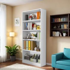 a living room with a blue chair and book shelf