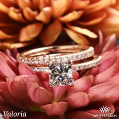 two wedding rings with diamonds sitting on top of flowers