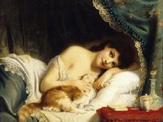 a painting of a woman laying in bed with a cat