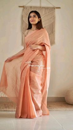 Graduation Saree, Everyday Saree, Plain Cotton Saree, Peach Color Saree, Kalamkari Blouse, Formal Saree, Saree Ideas, Cotton Saree Blouse Designs, Sarees For Girls