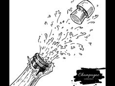 an ink drawing of a champagne bottle exploding