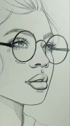 a pencil drawing of a woman with glasses