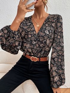 Business Casual Outfits For Interview, Floral Blouse Outfit, Comfy Jumpsuits, Paisley Shirt, Print Bodysuit, Dress Shirts For Women, Blouse Outfit, Outfit Inspo Fall, Lantern Sleeve