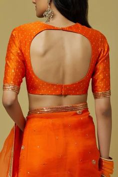 Shop for Ikshita Choudhary Orange Chanderi Embroidered Saree With Blouse for Women Online at Aza Fashions Saree Neck Design, Bandhani Blouse Pattern, Bandhani Saree Blouse Design, Orange Saree Blouse, Ikshita Choudhary, Pallavi Sharma, Latest Blouse Back Designs, Bandhani Blouse