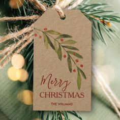 a christmas ornament hanging from a tree with lights in the background and a tag that says merry christmas