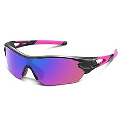 a pair of sunglasses with pink frames and purple lens