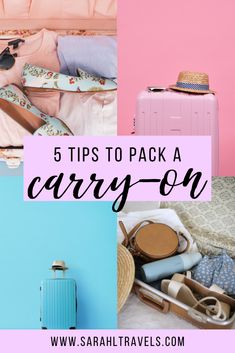 suitcases and luggage with the words 5 tips to pack a carry - on