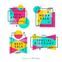 four colorful sale banners with geometric shapes