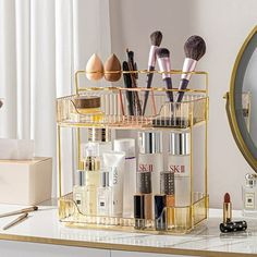 Description: Makeup Brush HolderDo not need separate organizers for your makeup brushes and makeups anymore.Our 2-in-1 skincare organizer is the perfect solution that provides a convenient spot for beauty sponges, makeup brushes.Additionally, can also be used to store toothbrushes in the bathroom. Easily AssembleThere are 4 pre-drilled holes on each shelf, no tools required, just press the gold-colored steel strips into the holes for easy assembly, the bathroom organizer is ready to install. The Bathroom Organizer Countertop, Makeup Organizer Countertop, Organizer For Makeup, Sponges Makeup, Skincare Organizer, Acrylic Bathroom, Organize Bathroom Countertop, Clear Skin Care, Vanity Shelves