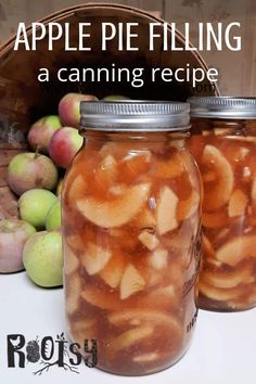 two jars filled with apples sitting on top of a table