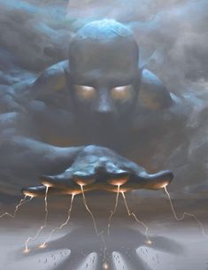 an image of a man with his hands in the air and lightning coming out from behind him