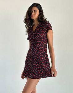 Holmana Mini Dress in Strawberry Polka Black Fit And Flare Dress Casual, Flare Dress Casual, Bodycon Midi Skirt, Red Jeans, Bandeau Dress, Plunge Neckline, Black Mini Dress, Body Con Skirt, Skirts For Sale