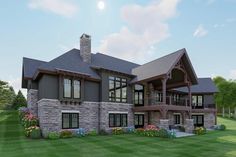 this is an artist's rendering of a house in the country side with stone and wood accents