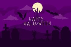 a purple halloween background with bats and tombstones in the sky, on top of a hill