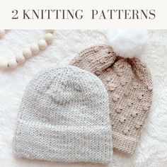 two knitted hats sitting next to each other on a white furnishing surface