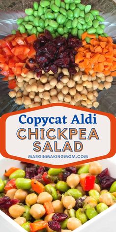 a bowl filled with beans, carrots and peas next to the words copycat aid chickpea salad