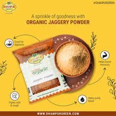 organic jagery powder on a plate with information about its benefits and uses in cooking