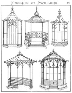 four different types of bird cages with designs on the top and bottom, one in black ink