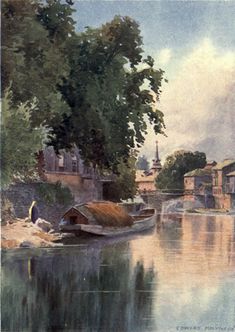 a painting of a river with houses and trees