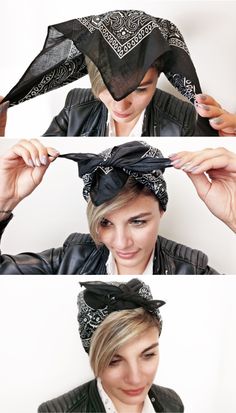 Bandana im Rockabilly-Stil Look 80s, Rockabilly Hair, Beach Hairstyles For Long Hair, Hair Scarf Styles, Head Scarf Styles, Long Layered Haircuts, Peinados Fáciles Para Cabello Corto, Beach Hairstyles