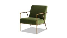 a green chair with wooden frame and armrests