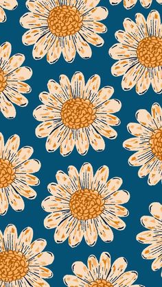 a blue and yellow flower pattern with white petals on it's back ground,