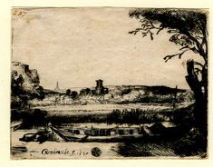 an old drawing of a boat in the water near a tree and castle on top of a hill