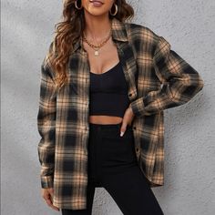 Flannel Brown Plaid Oversized Look S 4 M 6 L 8/10 Xl 12 Drop Shoulder Shirt, Flannel Outfits, Top Shirt Women, Women Blouses, Plaid Flannel Shirt, Plaid Print, Blouse Styles, Plaid Flannel, Plaid Shirt