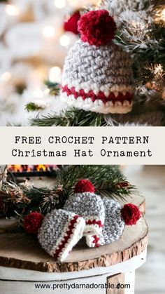 crocheted christmas hat ornament with text overlay that reads free crochet pattern christmas hat ornament