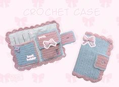 two crocheted cases with bow ties on them