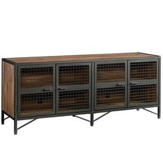 an industrial style sideboard with metal and wood doors, two open compartments on each side