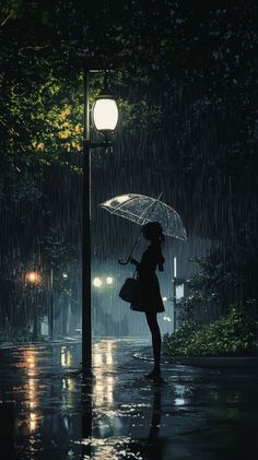 a woman holding an umbrella standing in the rain at night under a street lamp with lights on