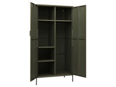 an open green cabinet with shelves on each side