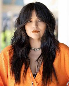 Long Bangs Around The Face, Curtain Bangs And Shag Haircut, Thick Shaggy Bangs, Shag Curtain Bangs Long Hair, 70s Shag Haircut Long Curtain Bangs, Wolf Cut Long Hair And Curtain Bangs, Dark Brown Shag Haircut, Womens Haircuts For Thinning Hair, Shaggy Hair With Curtain Bangs