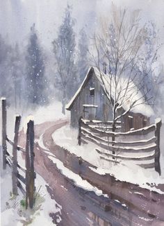 a watercolor painting of a snow covered country road with a barn in the background