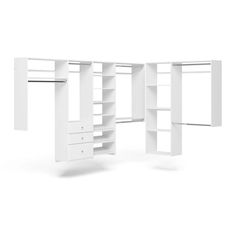 an open white closet with shelves and drawers on it's sides, against a white background