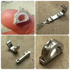 four pictures showing different parts of a metal object that is being used to make jewelry