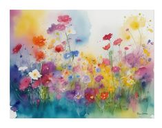 an abstract painting of colorful flowers on a white background