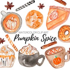 watercolor clip art pumpkin spice and desserts with cinnamon sticks, cookies, hot chocolate